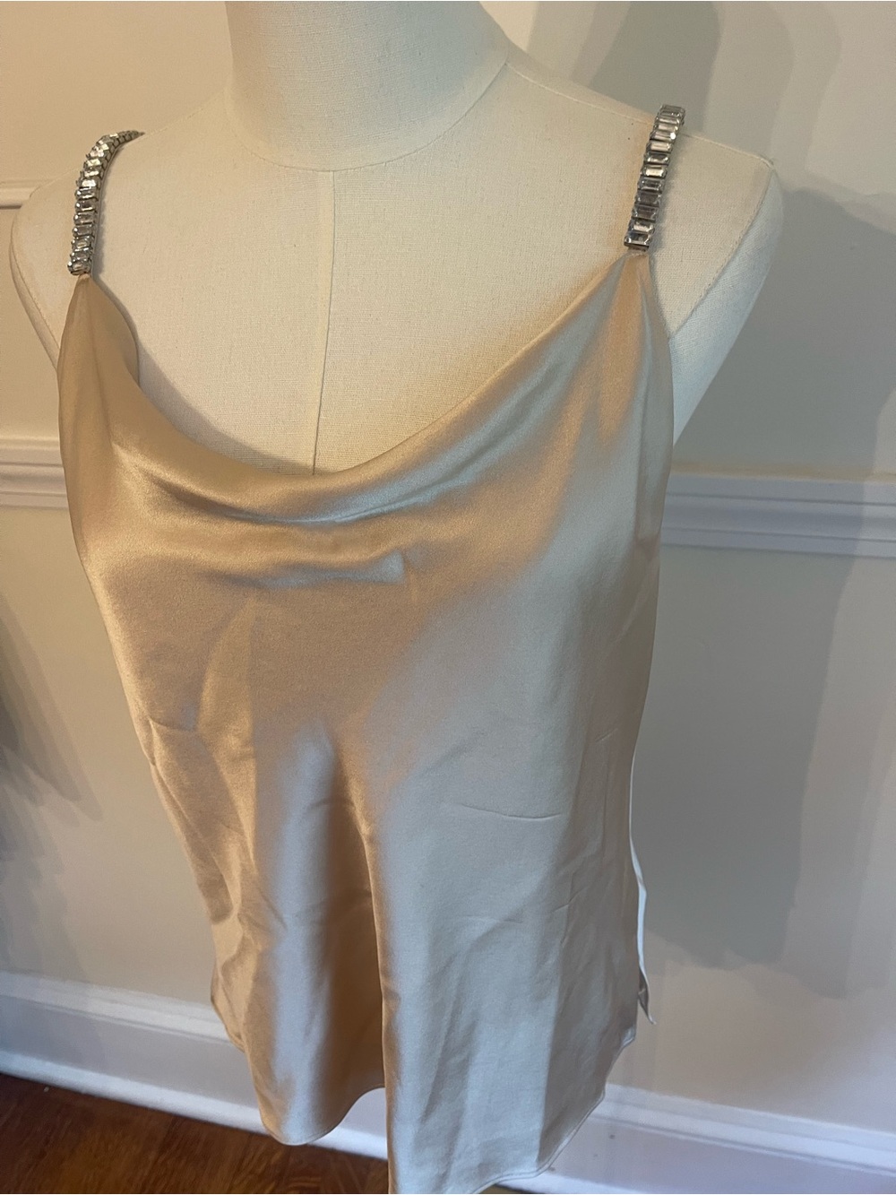 Cami NYC Silk Champagne Satin Cowl Camisole with Crystal-Strap Detail